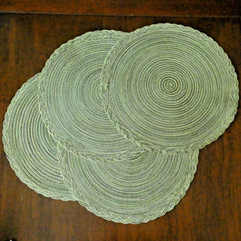 Multi Tonal Green Round Table Mats Braided Straw Style Farmhouse Decor 15" Boho